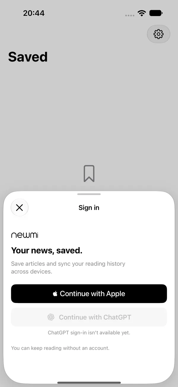 Το φύλλο σύνδεσης με το κουμπί Συνέχεια με Apple και ανενεργό κουμπί Συνέχεια με ChatGPT.