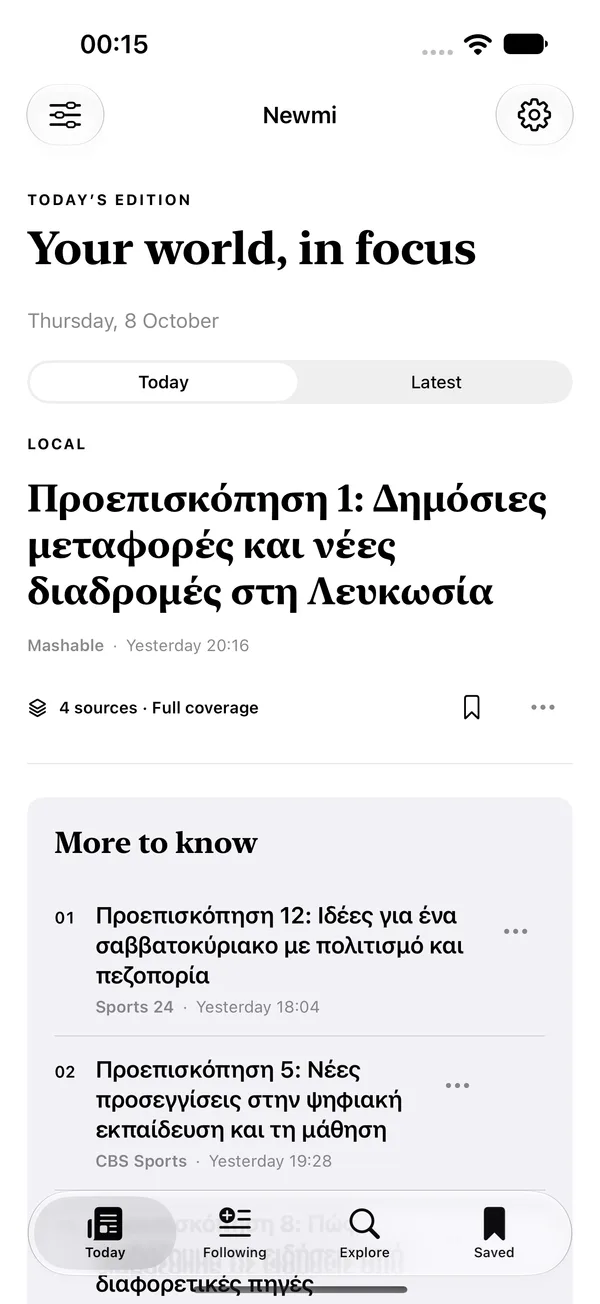 The Today screen of the Newmi app with a lead story, its source count and a More to know list.
